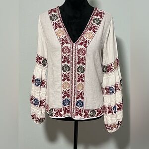 LOVE SAM Long Balloon Sleeve Embroidered V Neck Top - S